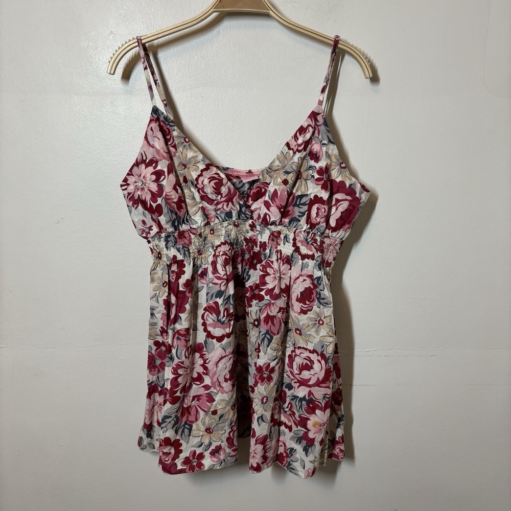 Y2K Tank Top Babydoll Floral Smocked Red Gray‎ V-Neck L 100% Cotton